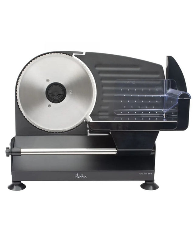 JATA snijmachine for home kitchen, compact electric food slicer with stainless steel blade and black plastic body.