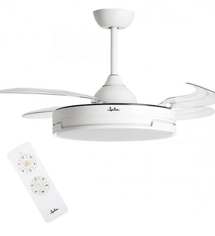 JATA JVTE4240 white ceiling fan with 42W motor, 104cm diameter, mounted on ceiling in a home setting