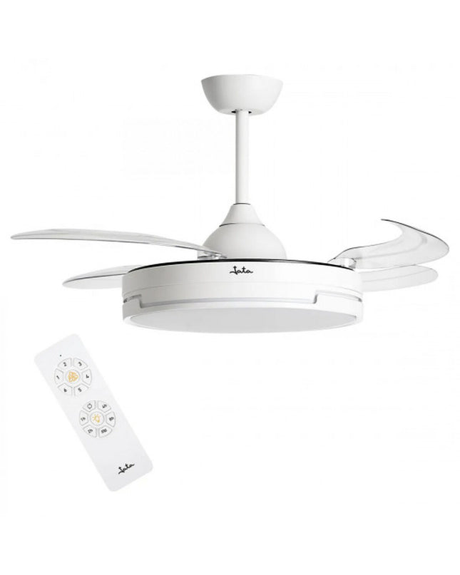 JATA JVTE4240 white ceiling fan with 42W motor, 104cm diameter, mounted on ceiling in a home setting