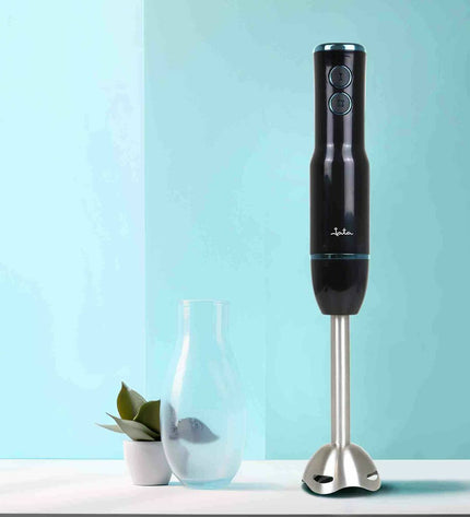 JATA JEBT1906 black hand blender with 500W motor, in a kitchen setting, showing the compact electric hand blender.
