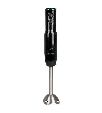 JATA JEBT1906 black hand blender with 500W motor, showing the blending shaft and control buttons on the kitchen appliance