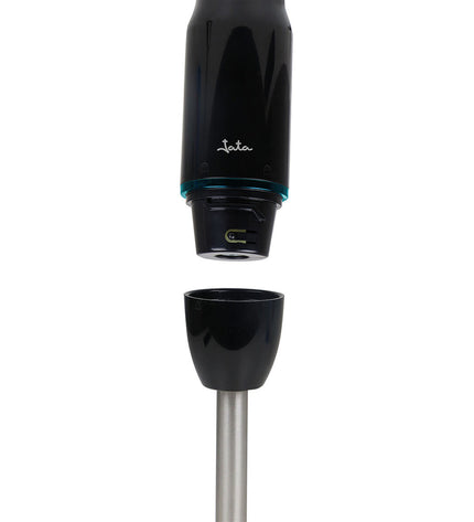 Black JATA Handblender JEBT1906 with 500W power, showing the compact handheld electric kitchen appliance in a close-up view.