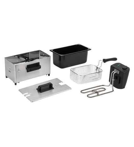 JATA JEFR1678 gray deep fryer with 2000W power for home cooking, compact electric kitchen appliance with control panel.