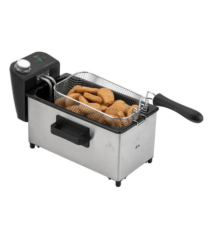 JATA frituurmachine for home use, compact electric fryer with stainless steel exterior and control dial.