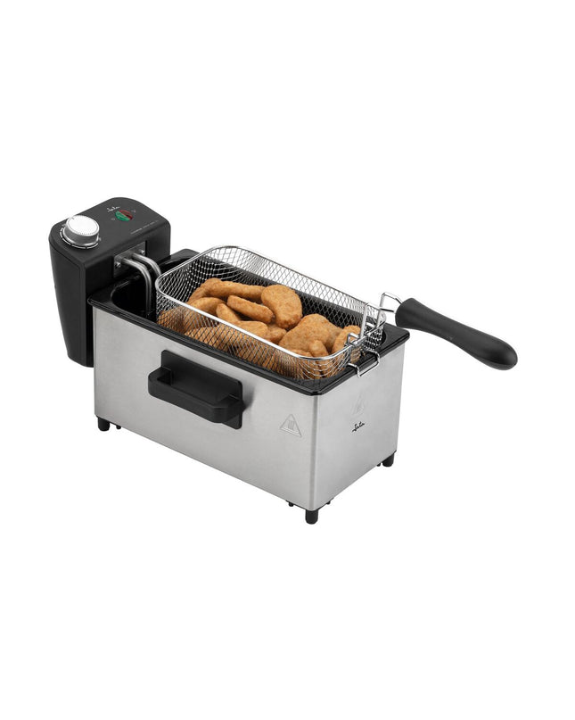 JATA frituurmachine for home use, compact electric fryer with stainless steel exterior and control dial.