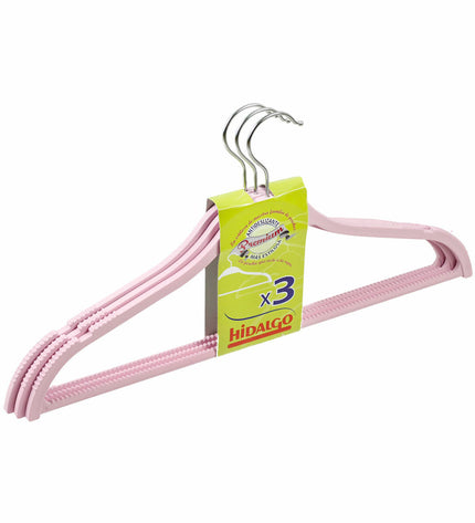 Set of three multicolored metal and plastic clothing hangers by Hidalgo for home organization and closet storage.