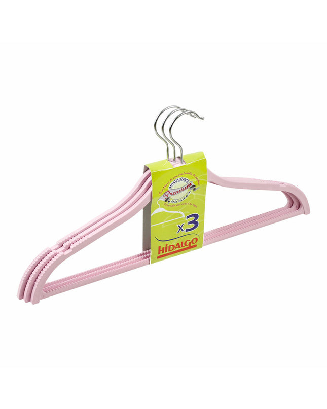 Set of three multicolored metal and plastic clothing hangers by Hidalgo for home organization and closet storage.