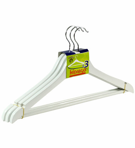 Set of three white wooden Hidalgo clothing hangers for wardrobe organization, featuring smooth finish and sturdy design.