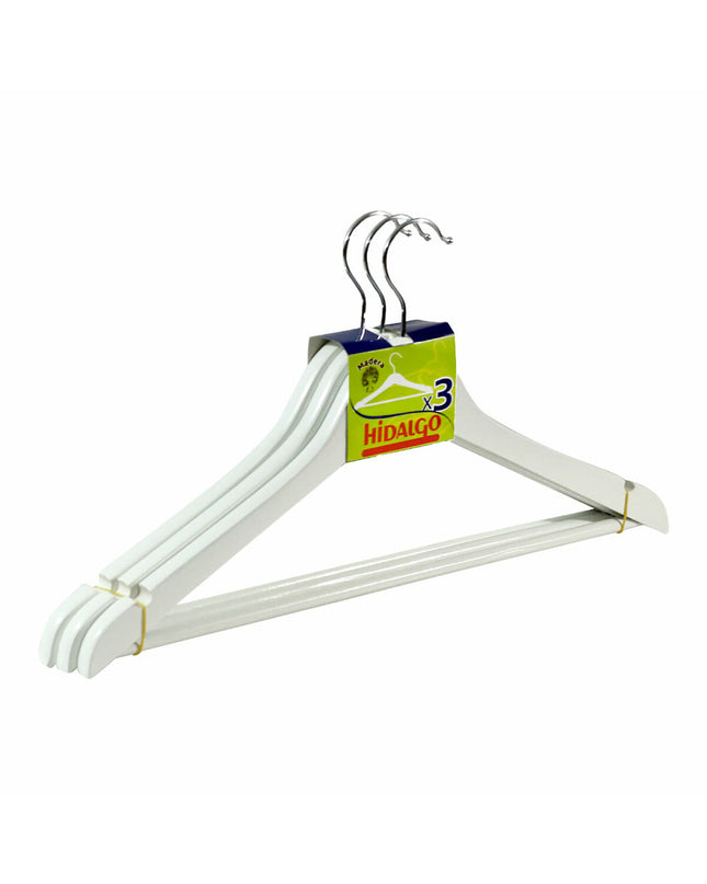 Set of three white wooden Hidalgo clothing hangers for wardrobe organization, featuring smooth finish and sturdy design.