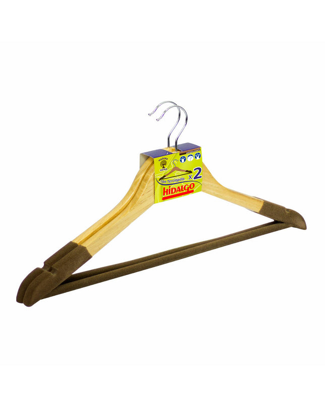 Pair of natural wood clothing hangers from Hidalgo, perfect for wardrobe organization, shown hanging in a closet.