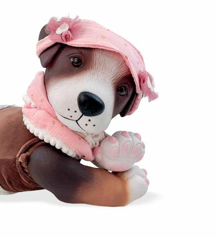 Soft plush toy dog from Berjuan, 35 cm long, part of the Anireal collection, featuring realistic details and a cuddly appearance.