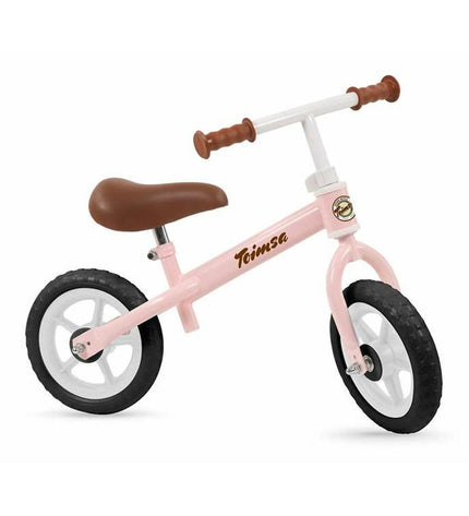 Pink 10-inch balance bike by Toimsa for toddlers, featuring a lightweight frame and no pedals, ideal for outdoor riding.