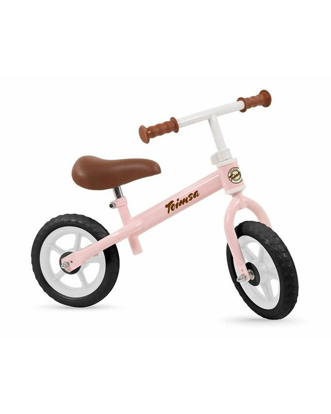 Pink 10-inch balance bike by Toimsa for toddlers, featuring a lightweight frame and no pedals, ideal for outdoor riding.