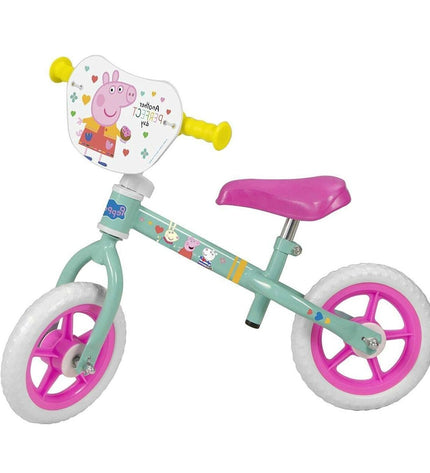 Peppa Pig 10-inch children's bike for ages 3+ with training wheels, featuring colorful Peppa Pig design, suitable for outdoor riding.