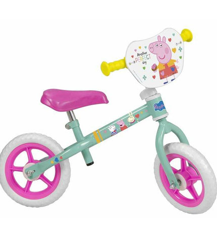 Peppa Pig 10-inch children's bike for ages 3+ with colorful frame and training wheels, suitable for outdoor riding and sport activities.