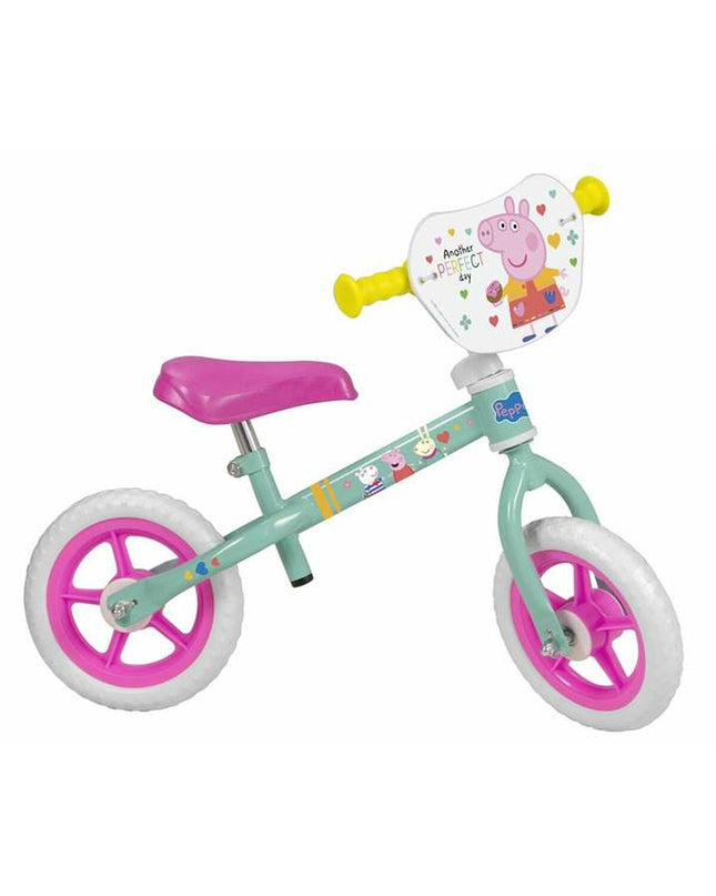 Peppa Pig 10-inch children's bike for ages 3+ with colorful frame and training wheels, suitable for outdoor riding and sport activities.
