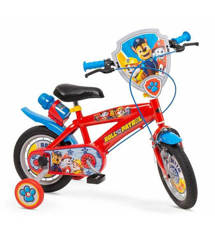 Pink 12-inch Kinderfiets by The Paw Patrol with training wheels, suitable for outdoor riding and beginner cyclists.