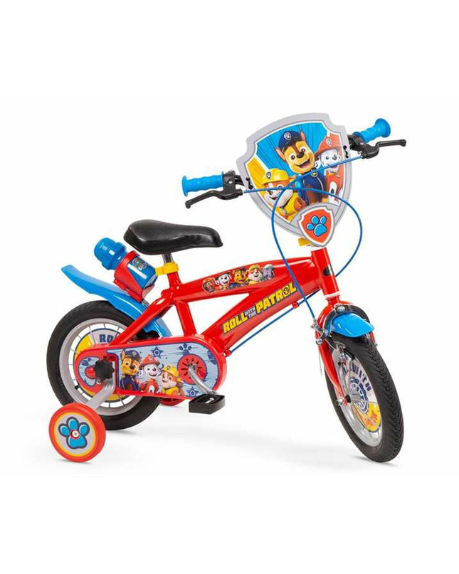 Pink 12-inch Kinderfiets by The Paw Patrol with training wheels, suitable for outdoor riding and beginner cyclists.