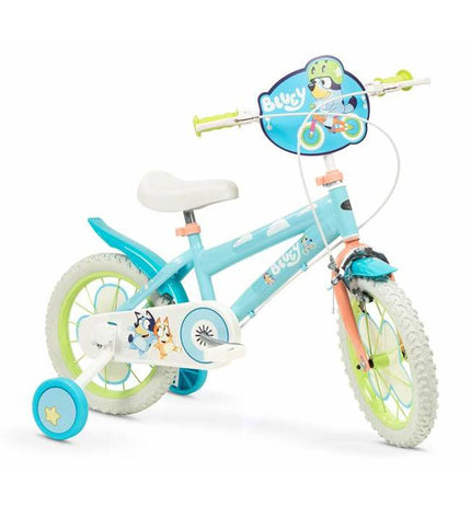 Bluey 14-inch blue and green kids' bicycle, sport and outdoor bike with sturdy frame and colorful design.