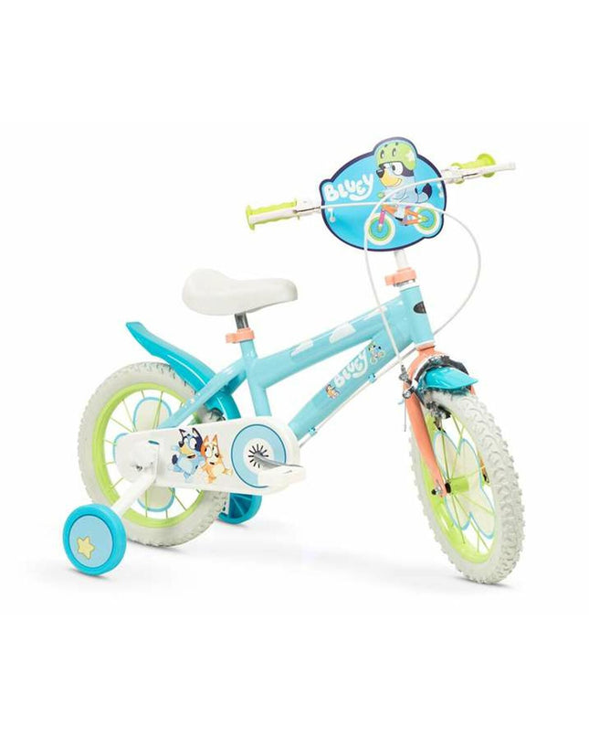 Bluey 14-inch blue and green kids' bicycle, sport and outdoor bike with sturdy frame and colorful design.