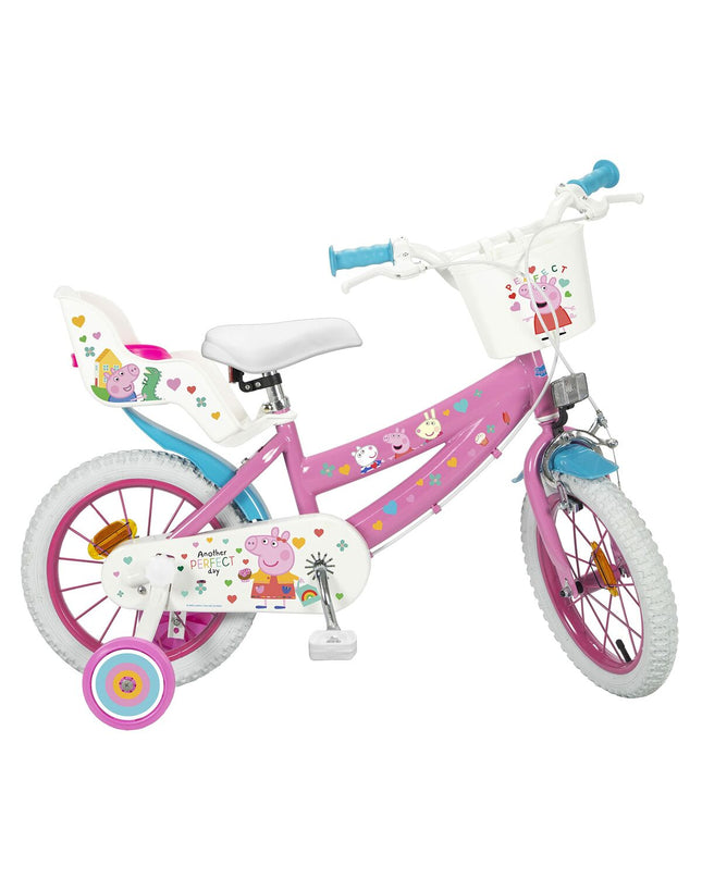 Pink Peppa Pig 14-inch kids' bicycle for outdoor riding, featuring colorful Peppa Pig design and sturdy frame suitable for children.