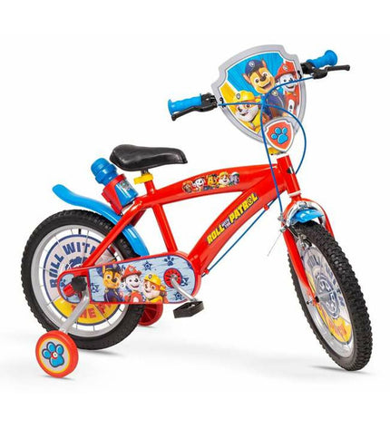 Paw Patrol 16-inch kids' bicycle with colorful character-themed frame, sturdy wheels, and training wheels for outdoor riding.