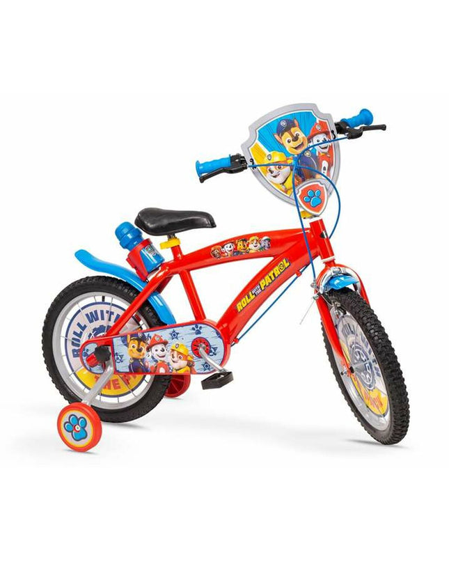 Paw Patrol 16-inch kids' bicycle with colorful character-themed frame, sturdy wheels, and training wheels for outdoor riding.