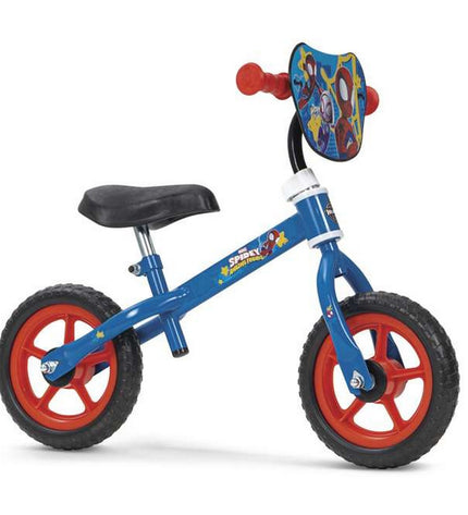 Blue Spidey 10-inch balance bike for kids, lightweight toy bicycle without pedals, ideal for outdoor play.