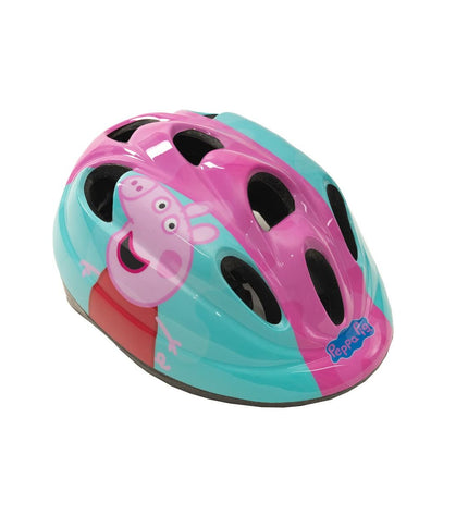 Pink Peppa Pig children's bike helmet with colorful cartoon design, adjustable straps, and ventilation for outdoor cycling safety.