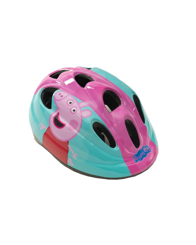 Pink Peppa Pig children's bike helmet with colorful cartoon design, adjustable straps, and ventilation for outdoor cycling safety.