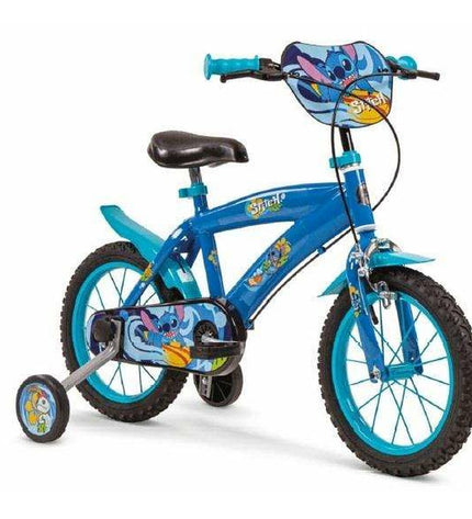 Blue Toimsa Stitch kids' bicycle with training wheels, suitable for outdoor sport and cycling activities.