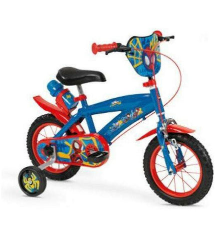 Spidey 12-inch kids' sport and outdoor bicycle with training wheels, black and red frame, suitable for young children.