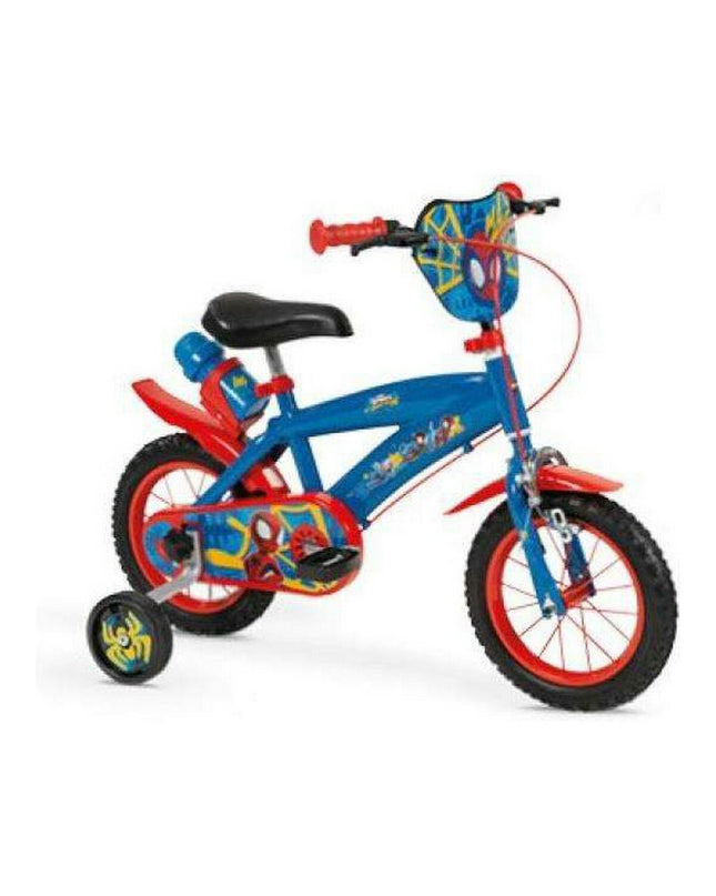 Spidey 12-inch kids' sport and outdoor bicycle with training wheels, black and red frame, suitable for young children.