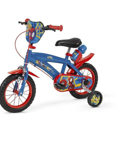 Children's Spidey 12-inch sport and outdoor bike with training wheels, black and red frame, suitable for young beginners.