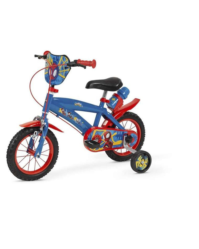 Children's Spidey 12-inch sport and outdoor bike with training wheels, black and red frame, suitable for young beginners.