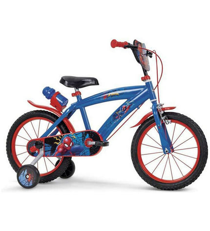 Spider-Man 14-inch kids' bicycle in black with red accents, designed for sports and outdoor riding, branded Spider-Man.