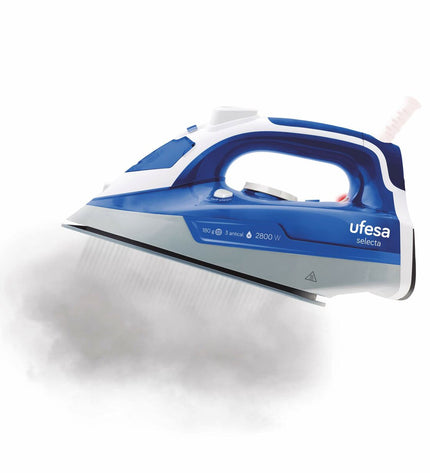 UFESA PV3285 steam iron with 2800W power, shown with cord and water tank, ideal for household ironing tasks.