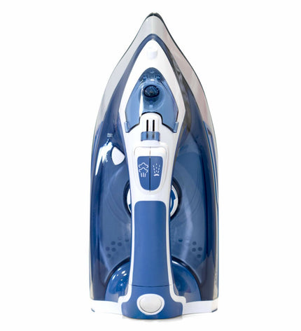 UFESA PV3285 steam iron with 2800W, shown on a ironing board, featuring a sleek design and steam control buttons.
