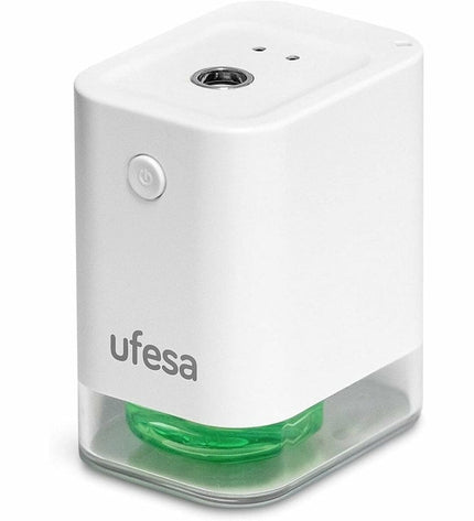 UFESA DM45P alcohol dispenser for home and bathroom use, white plastic with pump mechanism and sleek design.
