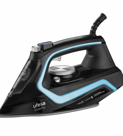 UFESA PV2600 steam iron with 2600W power and 220V, featuring a sleek design for efficient home ironing.