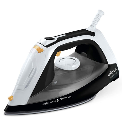 UFESA PV3650 MERIDA 3000W steam iron with a sleek design, featuring a water reservoir and ergonomic handle for household ironing.