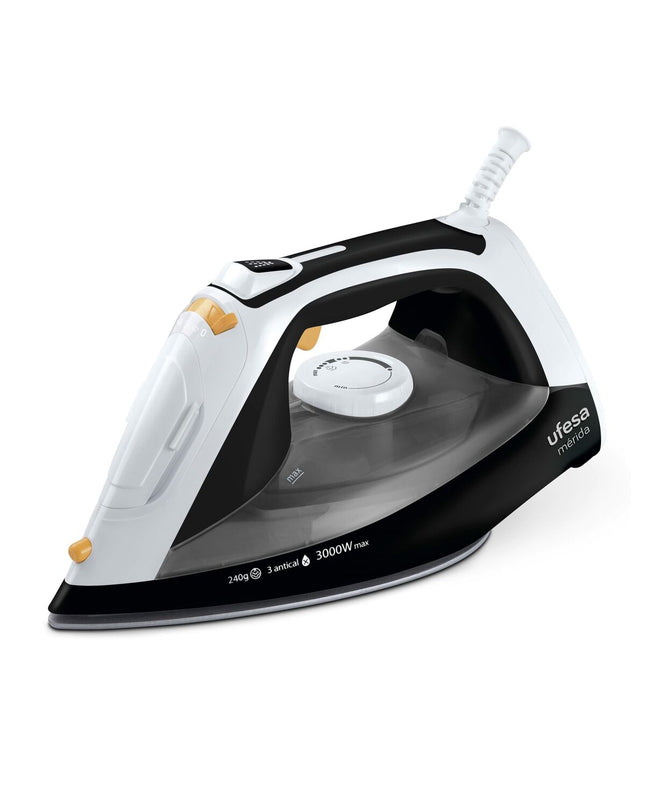 UFESA PV3650 MERIDA 3000W steam iron with a sleek design, featuring a water reservoir and ergonomic handle for household ironing.