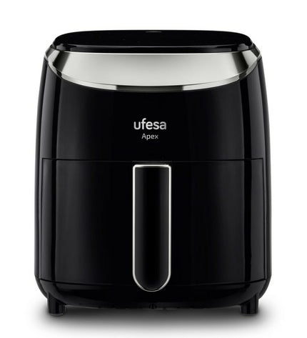 Black UFESA APEX air fryer, compact kitchen appliance with digital display and adjustable temperature settings.