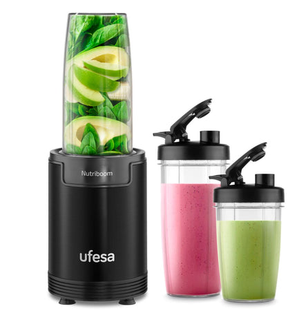 UFESA 70205397 black 900W mixer, compact electric kitchen appliance with a sleek design and stainless steel blending attachment.