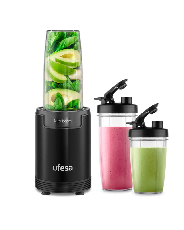 UFESA 70205397 black 900W mixer, compact electric kitchen appliance with a sleek design and stainless steel blending attachment.