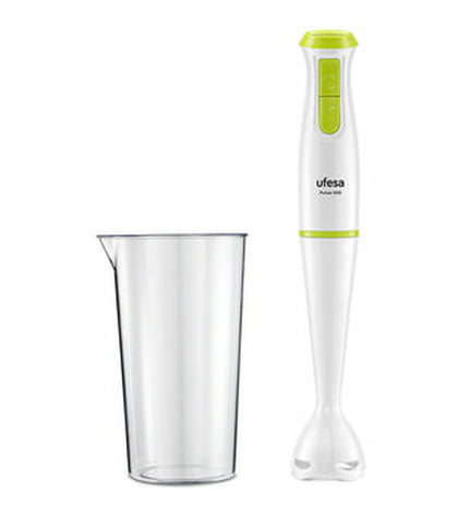 UFESA Pulsar 600W hand blender in green with stainless steel blending shaft, compact electric kitchen appliance for easy cooking.