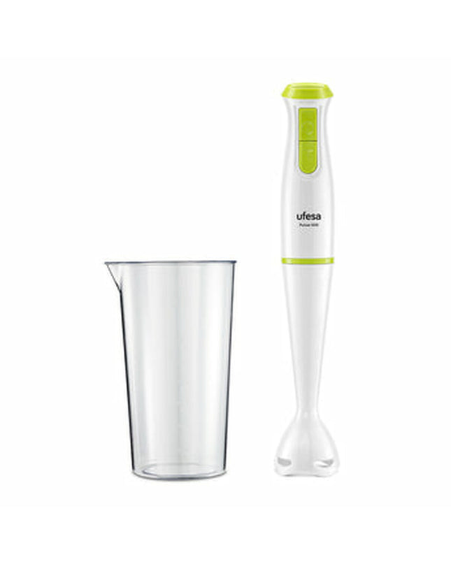 UFESA Pulsar 600W hand blender in green with stainless steel blending shaft, compact electric kitchen appliance for easy cooking.