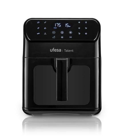 UFESA Talent black air fryer with 1500W power and 6.5L capacity, compact kitchen appliance for healthy frying.