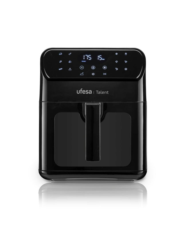UFESA Talent black air fryer with 1500W power and 6.5L capacity, compact kitchen appliance for healthy frying.