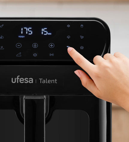 UFESA Talent black air fryer with 1500W power and 6.5L capacity, compact kitchen appliance for healthy frying.